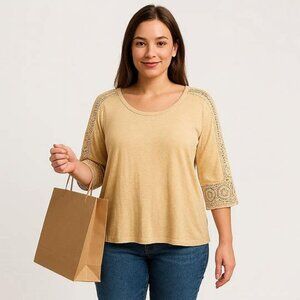 Womens Plus Sz XL Sonoma Lace ¾ Sleeve Top Butter Yellow 100% Cotton